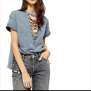 We the Free Azalea Lace-Up Short Sleeve Oversized Cotton Tee Shirt Dust Navy